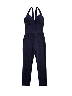 NWT | Navy Blue Halter Jumpsuit Romper Athleisure Butt Lifting Lounge | Large